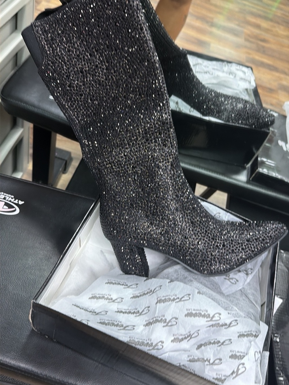 Forever New Black Glitter Mid-Calf Block Heel Boots